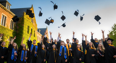 Diverse university graduates toss caps into the air, celebrating academic success.の素材