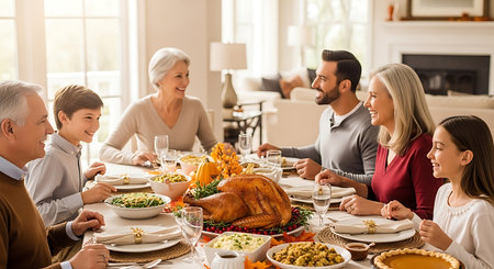 Happy multi-generational family enjoying a festive Thanksgiving dinner at home.の素材