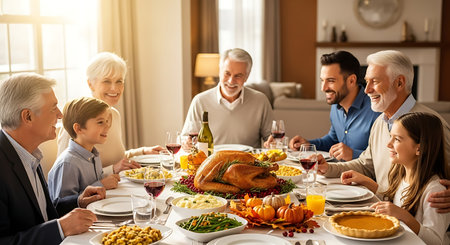 Happy family gathering, sharing a traditional feast with warm smiles.の素材