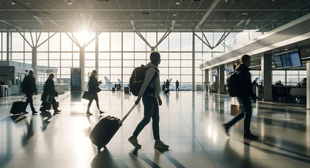 Silhouetted people carrying luggage walk through a modern airport terminal bathed in sunlight.の素材