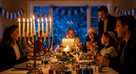 Family gathered around table, celebrating Hanukkah with lit menorah and dinner.の素材