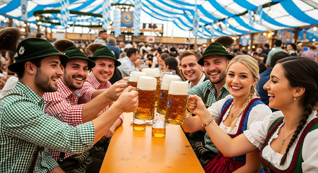Joyful group in traditional Bavarian attire toasting beer at a lively festival.の素材