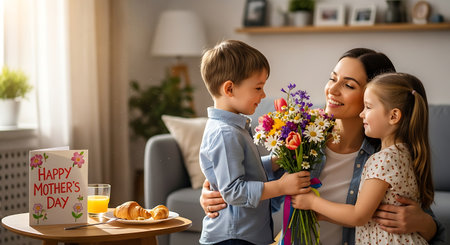 A heartwarming Mother's Day morning with children gifting flowers and a card to their smiling mom in a sunlit living room.の素材