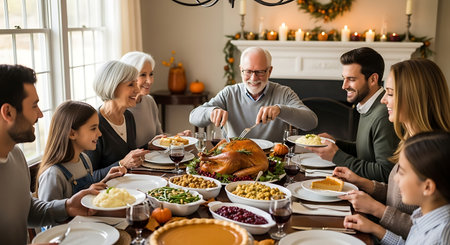 A multi-generational family joyfully shares a festive Thanksgiving dinner.の素材