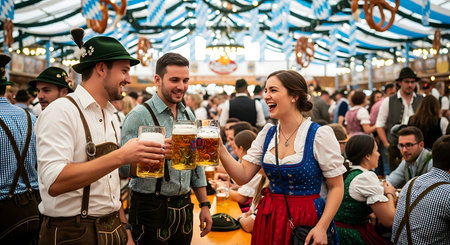 Cheerful friends in Bavarian attire toast beer at a lively festival tent.の素材