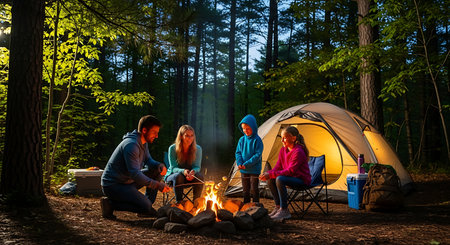 Happy family camping, roasting marshmallows by fire in forest at night.の素材