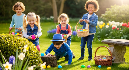 Happy diverse children searching for colorful Easter eggs in a sunny spring garden.の素材