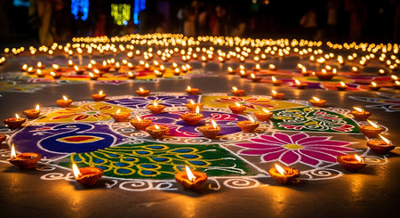 Vibrant rangoli and glowing diyas illuminate a festive Diwali night scene, celebrating joy and tradition.の素材