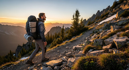 Man with backpack hiking rugged mountain trail at sunrise, exploring nature, adventure, and freedom.の素材