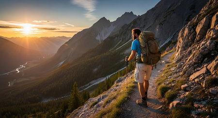 Adventurous man hiking mountain trail, scenic sunset view, nature explorerの素材