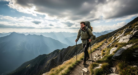 Man trekking rugged mountain terrain under dramatic sky, adventure travel.の素材