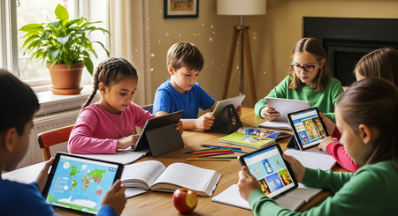 Kids focused on tablets for digital learning in a bright home setting.の素材