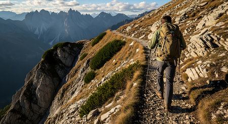 Backpacker on high mountain trail, majestic peaks in background, adventure.の素材