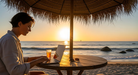 Woman working on laptop under straw umbrella on sandy beach at beautiful sunset.の素材