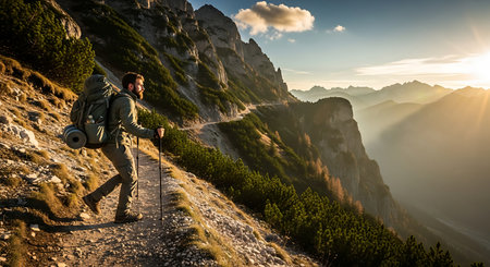 Bearded hiker on a mountain trail at sunset, embracing adventure and scenic wilderness.の素材