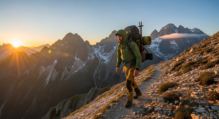 Adventurous man trekking through rugged alpine peaks at golden hour.の素材
