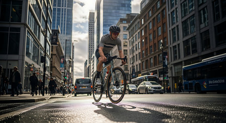 Dynamic shot of a road biker commuting through a vibrant urban environment under sunlight.の素材