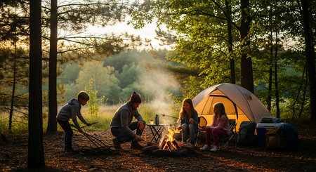 Family camping by a warm campfire in a forest at golden hour with tent.の素材