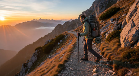 Man with backpack and poles hikes a scenic mountain trail at golden sunset.の素材