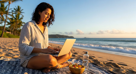 Young woman working on laptop at tropical beach sunset, embracing remote work.の素材