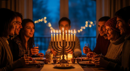 Friends gather for a cozy Hanukkah evening, candles, dreidels, warm light.の素材