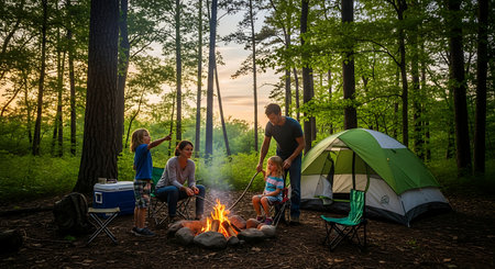 Family of four enjoying a campfire in a lush forest, camping at sunset.の素材