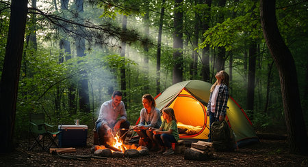 Happy family enjoys a cozy campfire evening under towering trees in nature.の素材