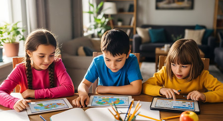 Three focused children engage with digital tablets for remote learning at homeの素材