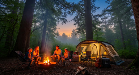 Family enjoying a warm campfire by their lighted tent in a serene forest.の素材