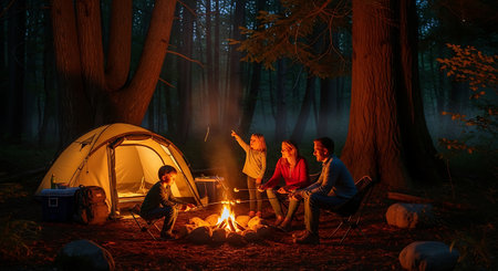 Family enjoying a warm campfire, roasting marshmallows, with a tent in forest.の素材