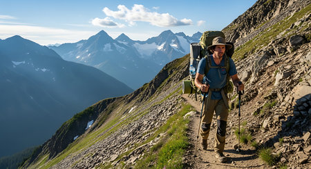 Solo hiker traversing rugged alpine mountains with stunning views.の素材