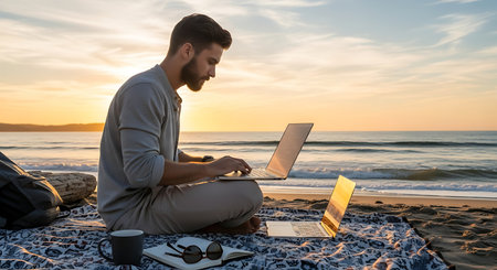 Focused man working on laptop at serene beach during golden hour.の素材