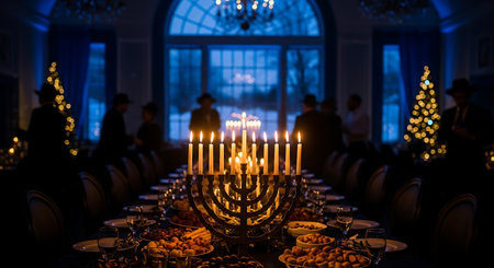 Elegant Hanukkah dinner with menorah, candles, guests in festive blue-lit room.の素材