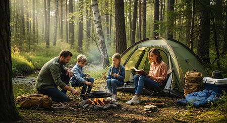 Happy family camping together, cooking over fire, reading in a sunny forest.の素材