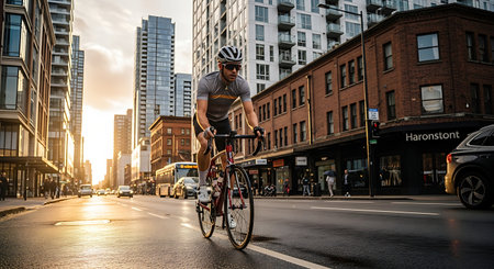 A male cyclist rides through a bustling city street bathed in golden hour light.の素材