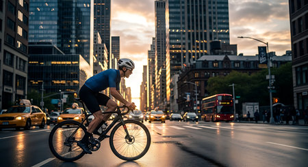 Dynamic shot of a cyclist commuting through a vibrant urban landscape.の素材