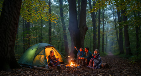 Family camping in a dark forest, enjoying a warm campfire at night.の素材