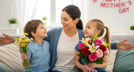 Loving children surprise their happy mother with flower bouquets for Mother's Day.の素材