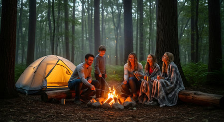 Family enjoys a cozy campfire night, roasting marshmallows while camping.の素材