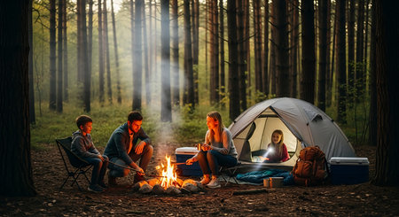 Happy family enjoys a cozy campfire and tent camping in a serene forest.の素材