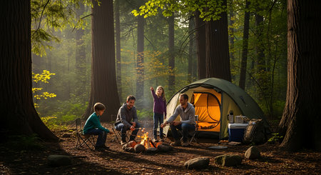 Happy family bonding around a crackling campfire in a lush, peaceful forest.の素材