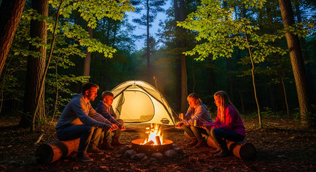 Happy family enjoys a cozy campfire at night during their forest camping trip.の素材