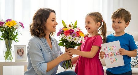 Happy kids surprise smiling mom with flowers and card on Mother's Day.の素材