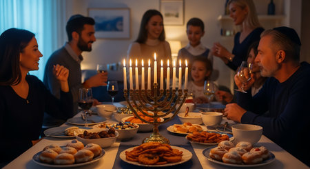 Warm Hanukkah dinner with Jewish family, lit menorah, doughnuts, and latkes.の素材