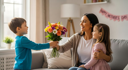 Happy family celebrates Mother's Day, son gives flowers to smiling mom.の素材