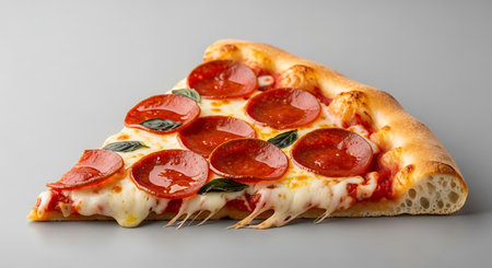 Close-up of a pepperoni pizza slice with gooey mozzarella and fresh basil.の素材