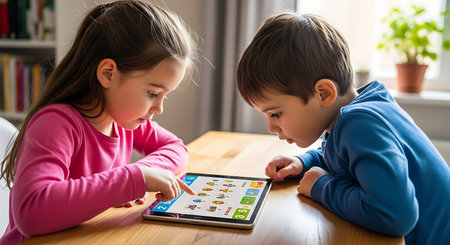 Focused young girl and boy interact with educational app on a tablet.の素材