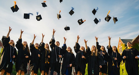 Joyful university graduates celebrate academic success by tossing caps in the air.の素材