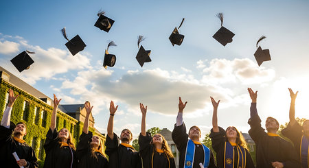 Diverse graduates celebrate success, tossing caps in the air at sunset.の素材