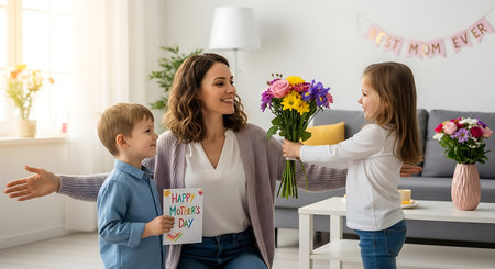Happy kids surprise mom with a colorful bouquet and handmade card on Mother's Day.の素材